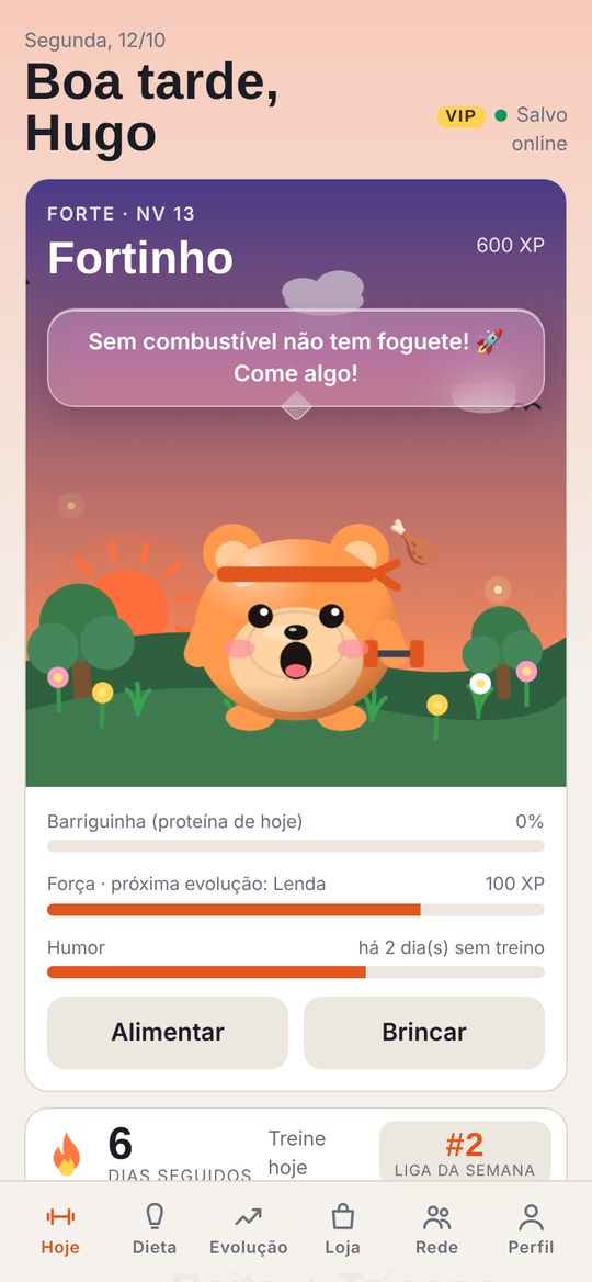 Tela inicial do Fortinho com o bichinho e o treino do dia