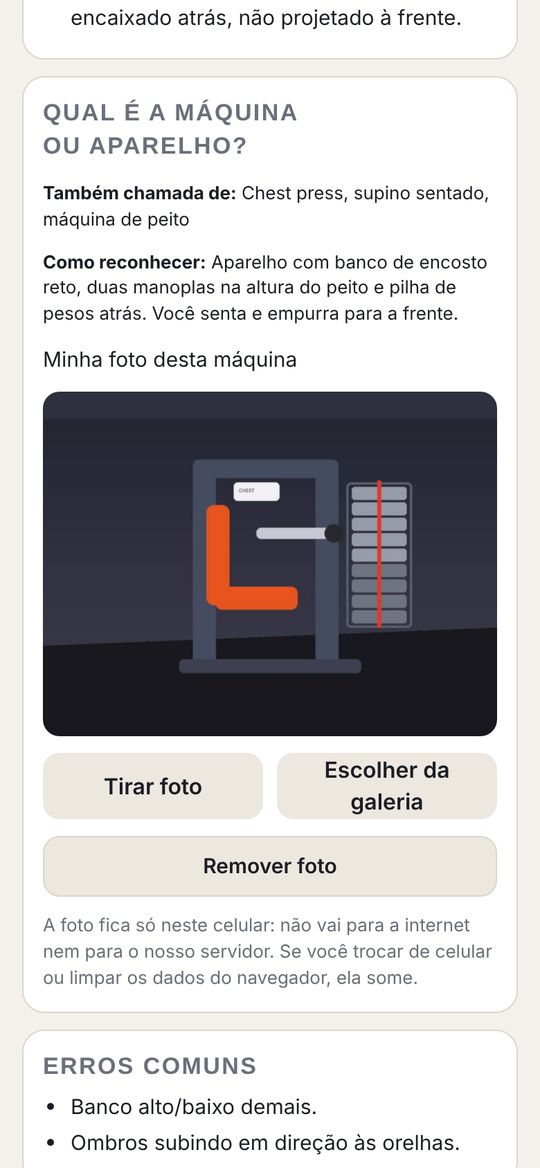 Tela do exercício com o nome da máquina, como reconhecer e a foto do aparelho da academia